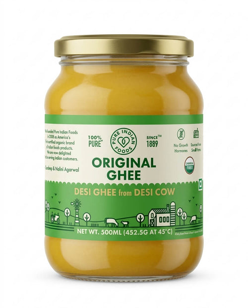 A 500 ML jar of Pure Indian Foods desi ghee on a white background